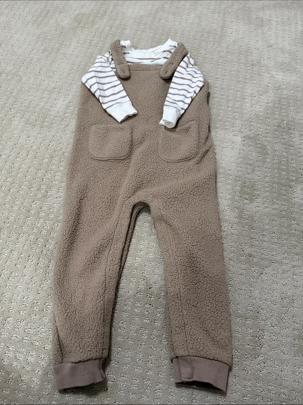 Hanna Andersson Kids Sherpa Overalls in Taupe with cream striped top